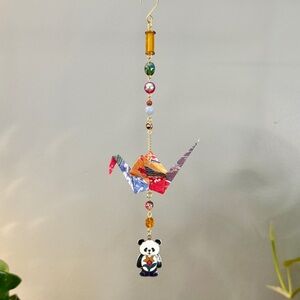 Origami Ornament #2380 - Medium Crane with Cloissoné Panda